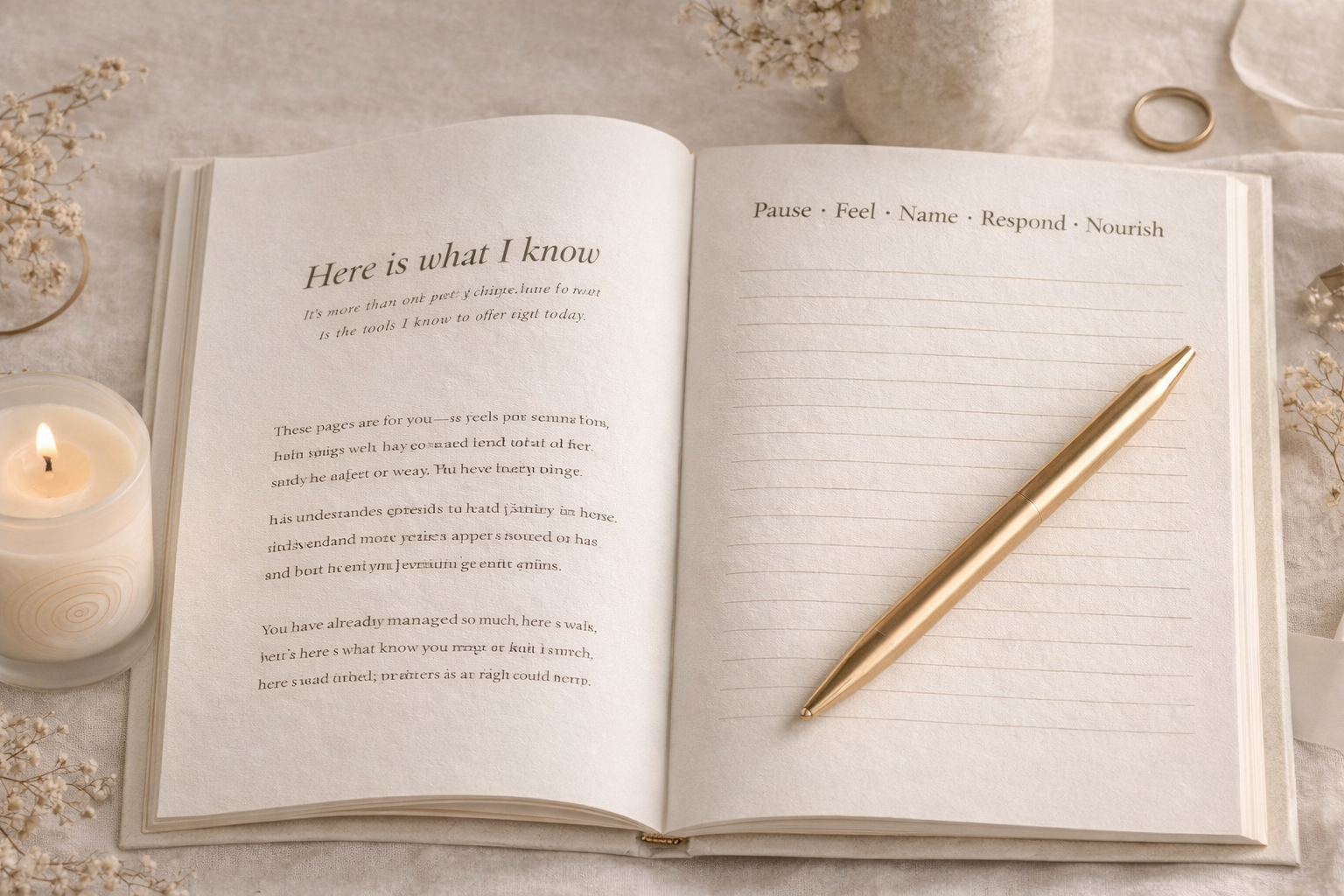 Pause & Nourish journal open to Here is what I know chapter